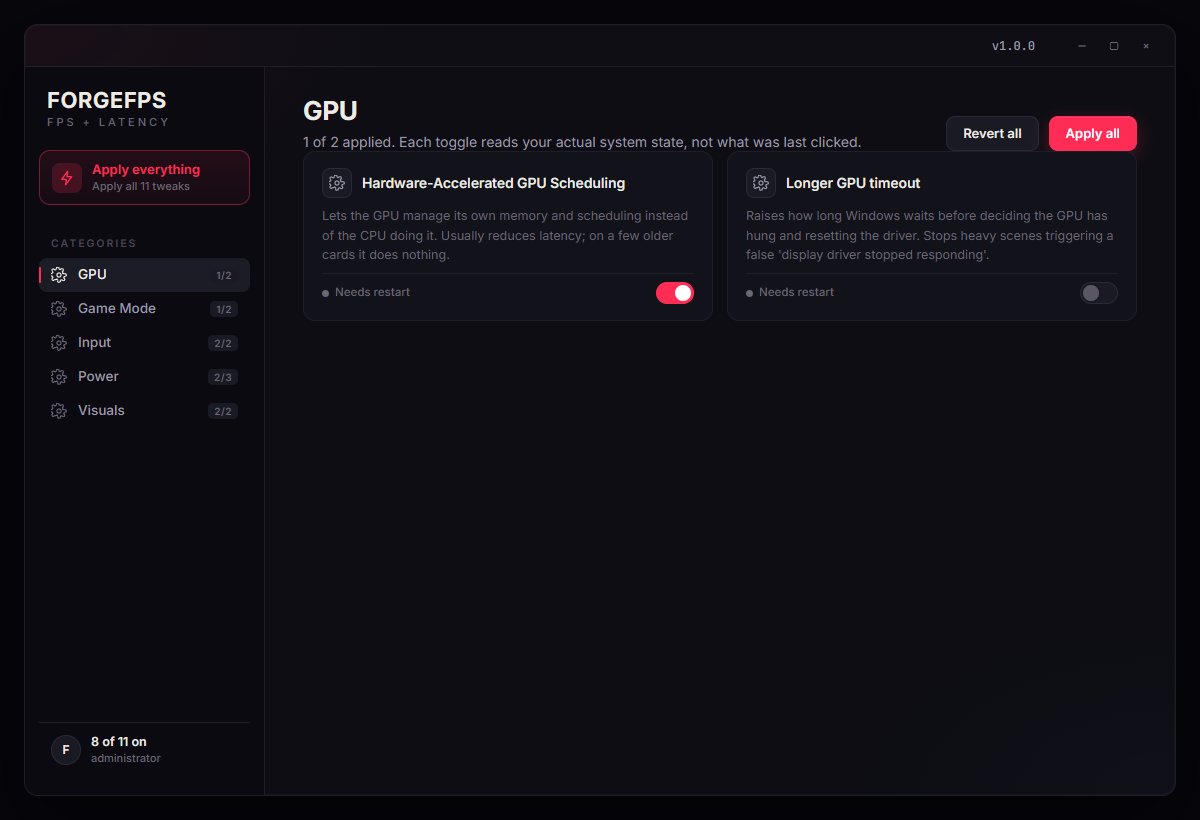 Forge Tweaks FPS tweak list, each entry with a description and a toggle.